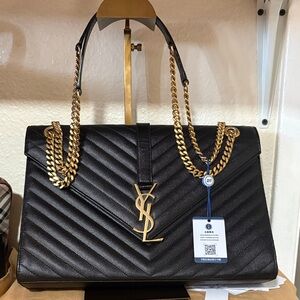 Yves Saint Laurent Black Chevron Shoulder Bag with Gold Chain